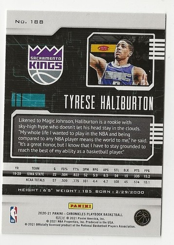 Tyrese Haliburton 2020-21 NBA Panini Chronicles Playbook Rookie Card Sacramento - Picture 2 of 2
