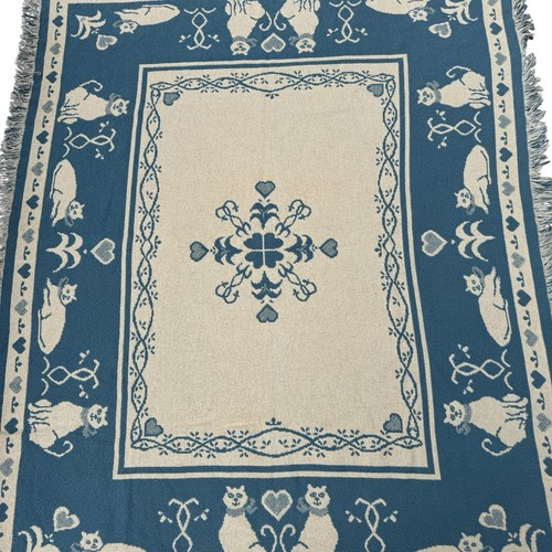 Vintage Reversible Tapestry Throw Blanket Blue White Cats Hearts Fringe 46x60" - Picture 2 of 8