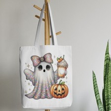 Ghost Halloween Pumpkin Canvas Shopping Tote Reusable Tote Bag