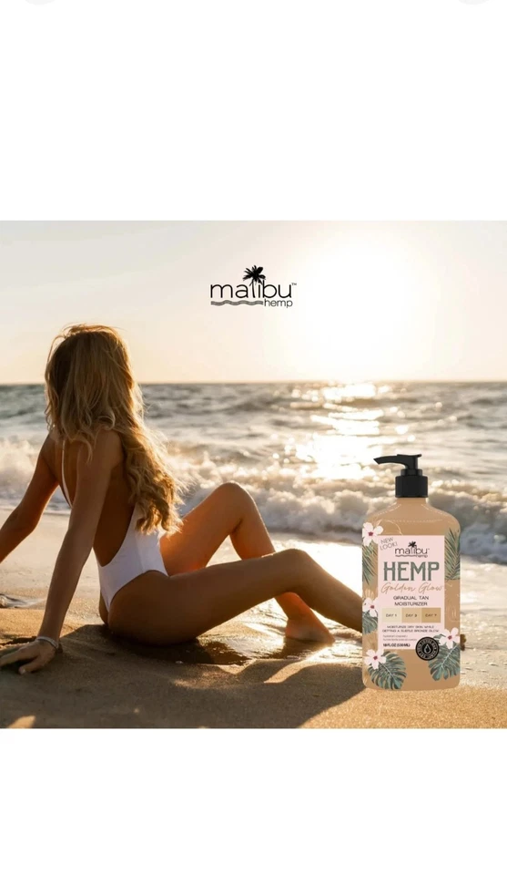 Kit hidratante e bronzeador bronzeado gradual brilho dourado cânhamo Malibu 18 fl oz - Imagem 3 de 4