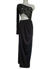 Womens Black One Shoulder Lace Cutout Maxi Evening Gown L Formal Prom Unbranded