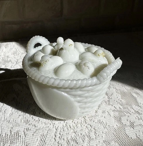 Milk Glass Basket of Chicks Covered Dish Attributed Westmoreland Vintage Easter