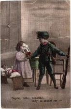 Vintage WWI Era Czech Postcard Soldier Comforting Crying Girl