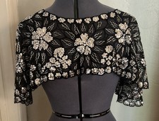 Vintage Black Sequin Beaded Fringe Capelet Shawl Collar Accessory