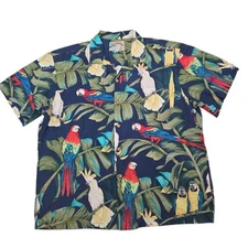 Vintage Paradise Found Hawaiian Camp Shirt Size XL Blue Parrot Cotton 90s USA