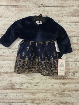 Rare Editions 3-Piece Dress & Jacket Girls 24M Navy Faux Fur Glitter Satin NWT