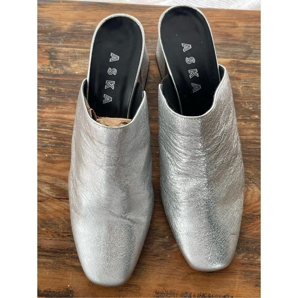 Vintage Y2K ASKA Metallic Silver Leather Block Heel Mules Slides Shoes 8.5 39 View 4