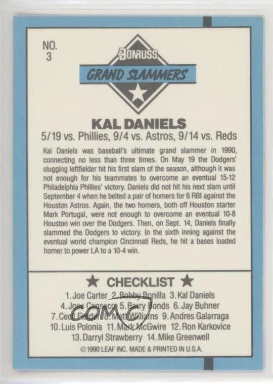 1991 Donruss Grand Slammers Kal Daniels (3 Yellow Stripes Top Right Border) #3 - Image 2 of 2