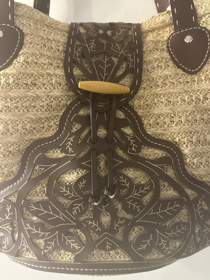 Bolso de Mano Avon Paja Boho Floral Recorte Imitación Cuero Borde Verano Playa Cartera Foto 3 de 4