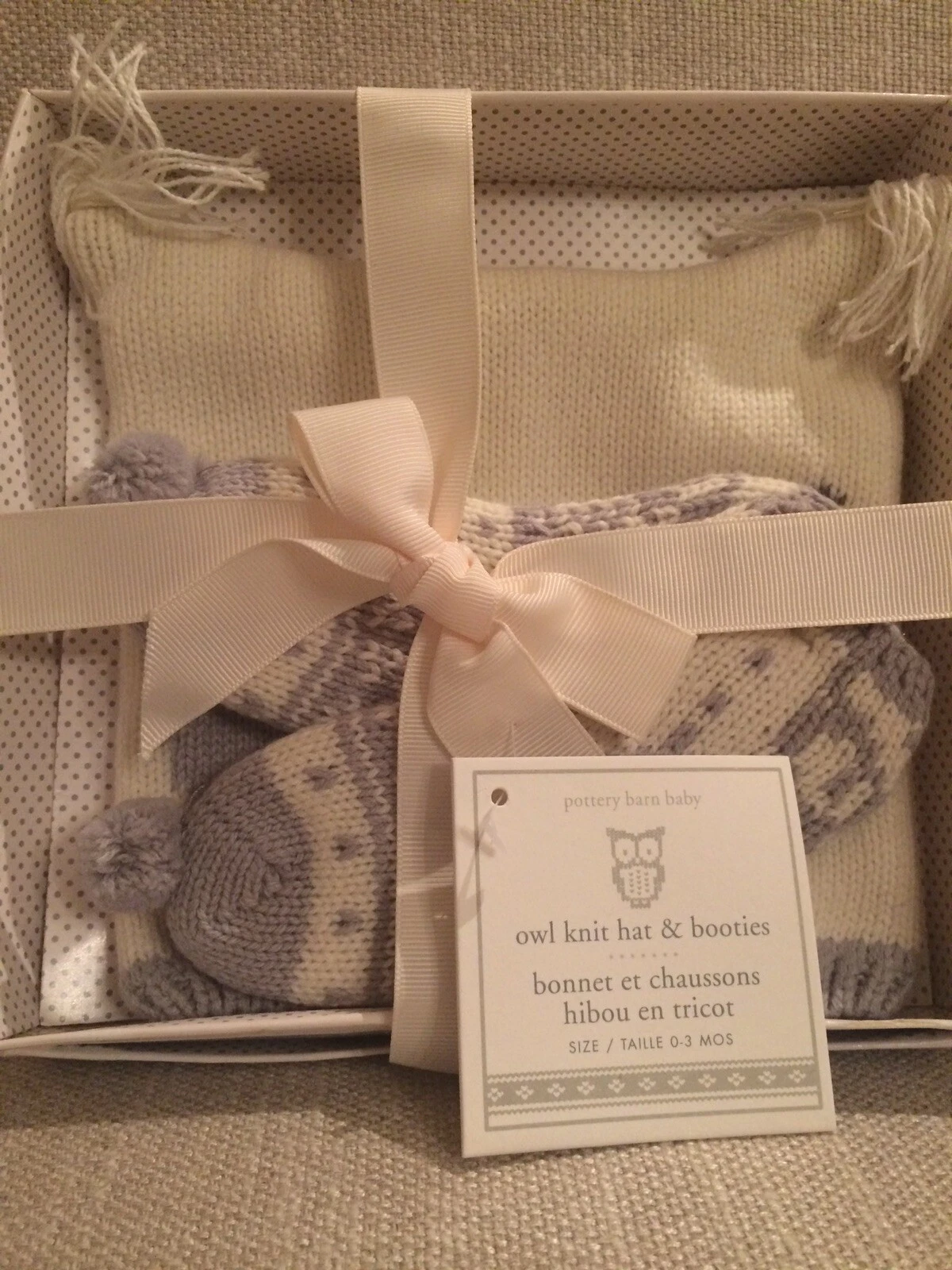 NIB Pottery Barn Baby Owl Knit Hat & Booties Socks Nursery Gift Set Grey 0-3 mos