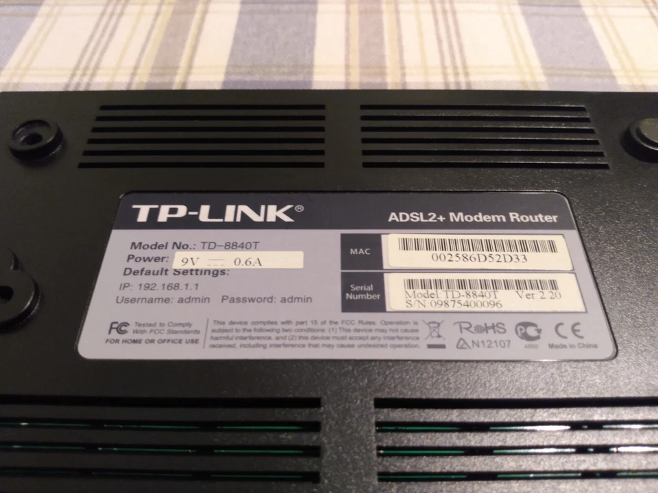 Used White TP Link ADSL2+ Modem Router w/ Power Adaptor, USB Cord & CD - Image 2 of 3