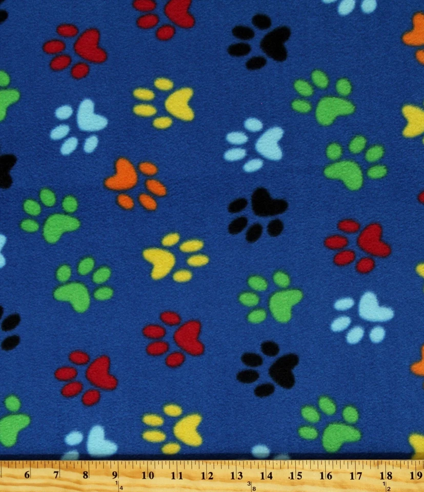FIELDS FABRICS Fleece Paw Prints Multicolored Paws on Blue Dogs Pets Fabric Print BTY A329.12