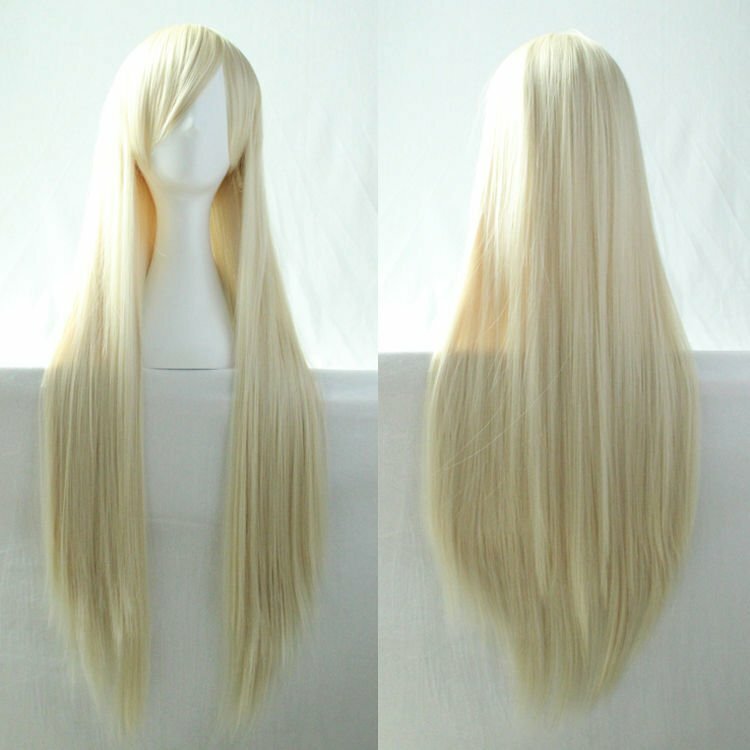 Black Straight Sleek Long Full Hair Wig Side Bangs Cosplay 31 Inch Long