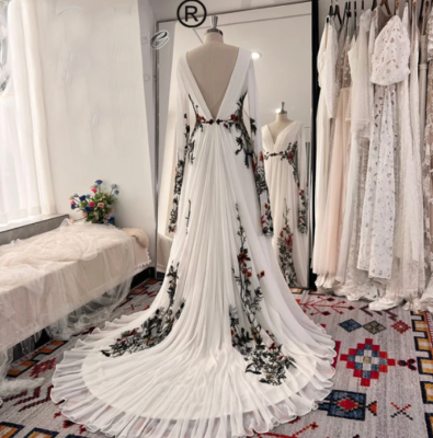Colorful Embroidery Lace Floral Wedding Dress Texture Pleated Crepe Chiffon 