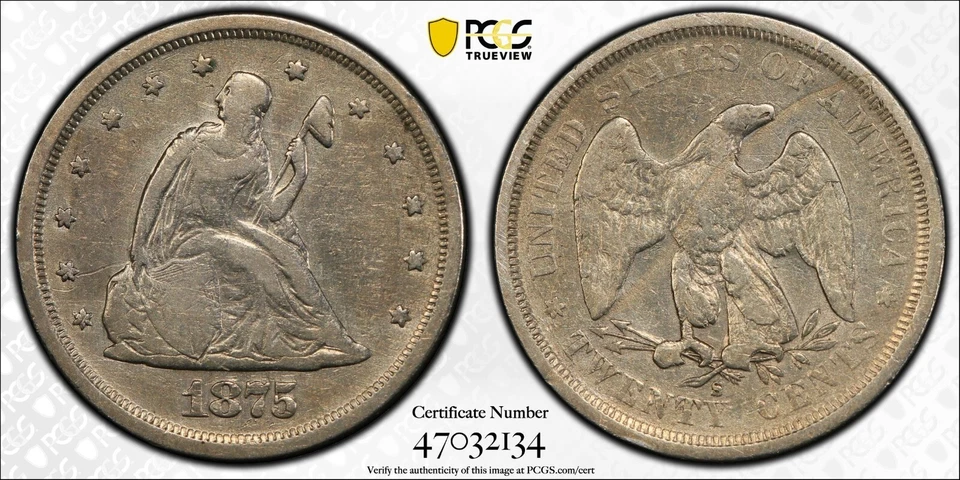 1875 S 20 Cent piece, VF Detail, Corrosion removed, die crack? PCGS Graded - Image 3 of 3