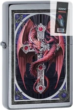 Zippo 53473 Anne Stokes Dragon and Cross Chrome Lighter + FLINT PACK