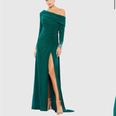 New ~ MAC DUGGAL 12231 Green Beaded Cuff Drop Shoulder Faux Wrap Gown ~ 0