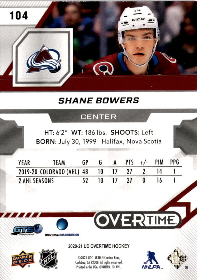 2020-21 Upper Deck Overtime #104 Shane Bowers Blue Foil Colorado Avalanche - Image 2 of 2