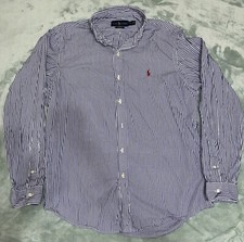 Ralph Lauren Custom Fit Men L Cotton White Blue Stripe Long Sleeve Button Shirt