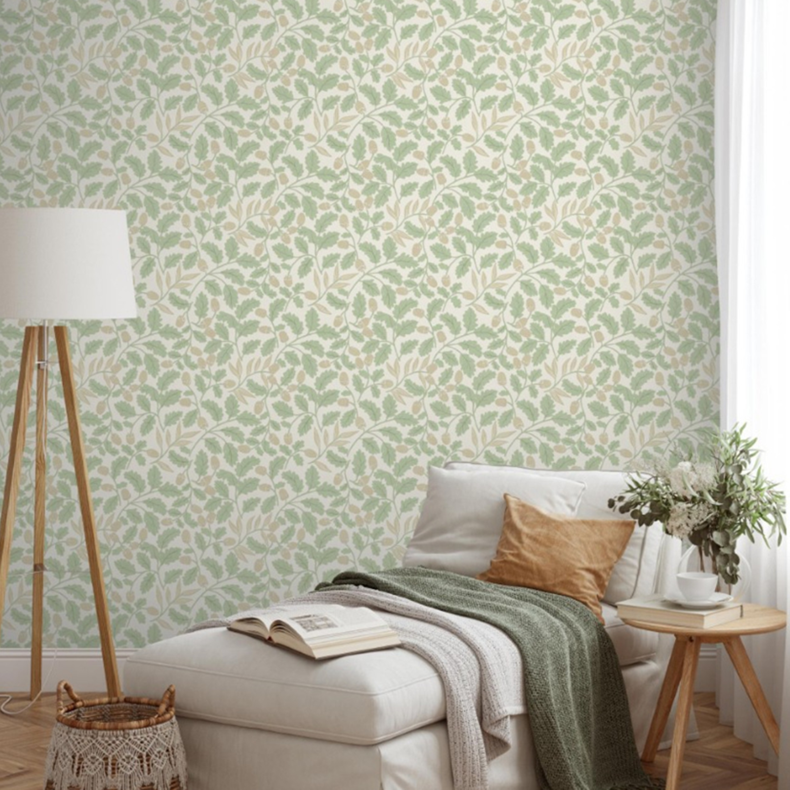 Sage Acorn Trail Wallpaper Oak Leaf Feature Wall Bedroom Living Room Office