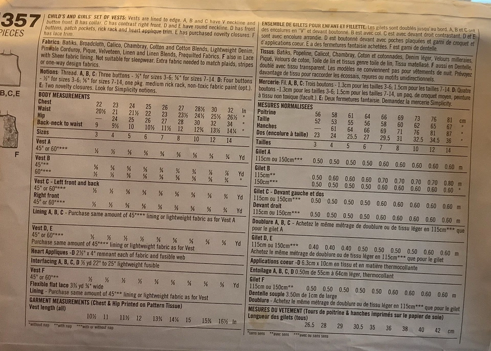 Sewing Pattern #7357 Child’s And Girls Set Of Vest Size 3-6 - Image 3 of 3