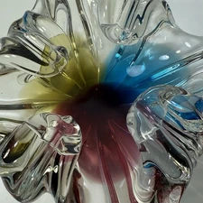 Sanyu Japanese Fantasy Ashtray Amber Pink Blue Blown Glass Vintage Mid Century