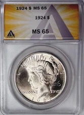 1924 Peace Silver Dollar MS65 ANACS Certified. Stunner White Blast Luster