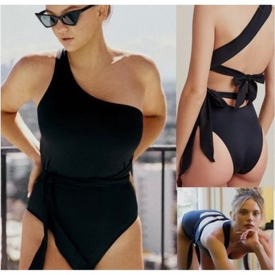 Hot As Hell HAH 1 4 UR Soul One Shoulder Tie Back Swimsuit Noir Black Small NEW