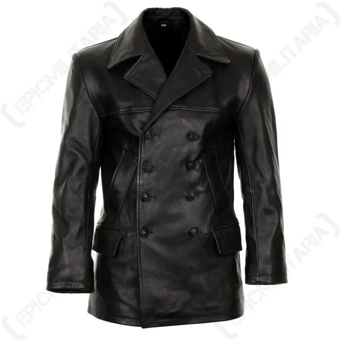 Veste En Cuir De Vachette Style Militaire Allemand - Homme - Noir - Neuf Avec étiquettes
