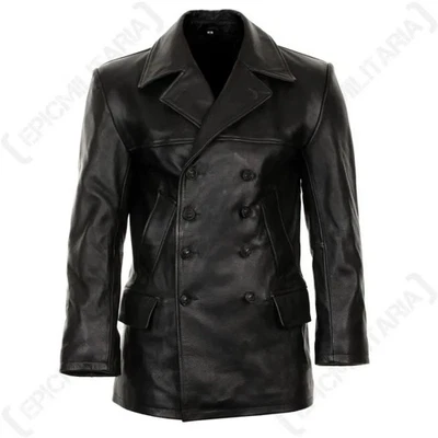 Veste Cuir Noir U-Boat Allemande - Repro Style Sous-Marinier WWII Militaire - Photo 1/4