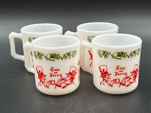4 VTG Hazel Atlas Tom & Jerry Milk Glass Holiday Punch Cups Eggnog Mugs EUC