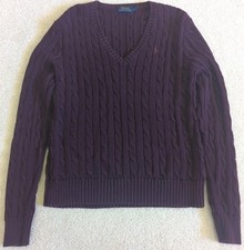 Polo Ralph Lauren Cable Knit Sweater Womens Large Purple V Neck Pullover Pony