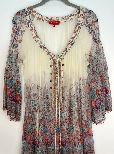 Rene Derhy Sheer Viscose Beaded Multicolor Beach Cover Up/Midi Dress Medium - Afbeelding 12 van 24