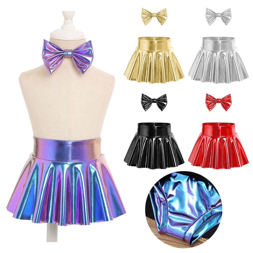 Baby Mädchen Rock Mini Windelbedeckung Kurz Metallisch Flare Outfits Bowknot - Bild 3 von 4