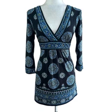 Max Studio Vtg Y2K Black/Blue Paisley Tunic Dress Top Womens S