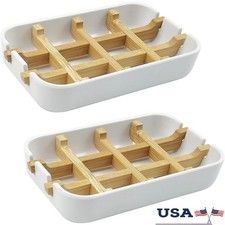 Natural Bamboo Soap Dish Set Drainage Holder Bathroom Kitchen Shower Storage New