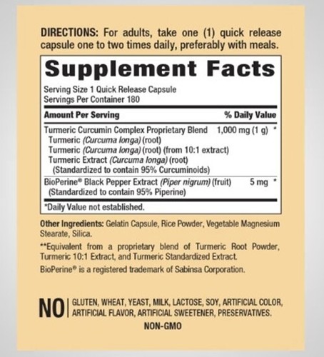 TURMERIC COMPLEX standardized con BIOPERINE 1000mg 180 quick release capsulas - Imagen 2 de 5