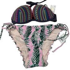 NEW Shade Shore Bikini Set 34DD Light Lift Halter XL Ruffle Cheeky Pink 0501
