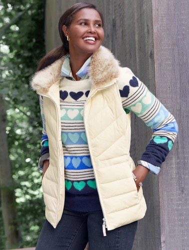 Talbots Puffer Vest Faux Fur W/ Removeable Collar Genuine Down Full Zip Choose - Picture 2 of 5