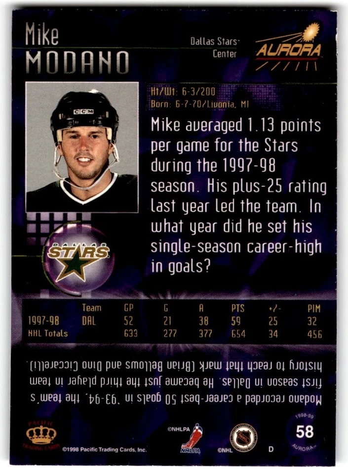 Mike Modano 1998-99 Pacific Aurora #58 Dallas Stars - Image 2 of 2
