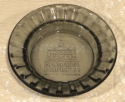 VTG Ramada Express Hotel Casino Embossed Smoked Glass 4 1/2'' Dia Round Ashtray 