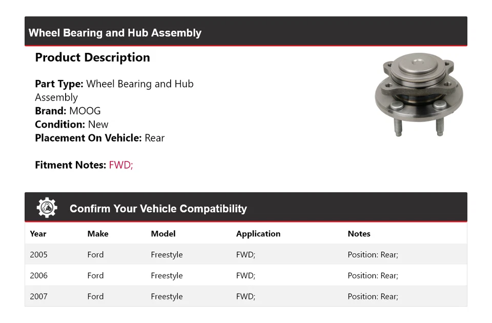 Conjunto de cojinete de rueda y buje trasero MOOG 2005 para Ford Freestyle 2005-2007 tracción delantera Foto 2 de 4