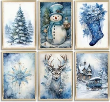 6pcs Christmas Canvas Wall Art Blue Christmas Tree Snowman Elk Posters Prints Pa
