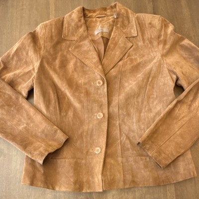 i.e. Women's Leather Beige Leather Button Basic Jacket Lined Mid-Length Size L