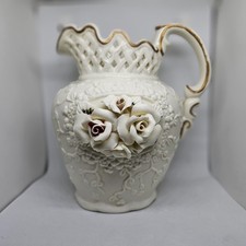 VTG Porcelain W/ 3D Roses Lattice Neck Pitcher 7.5" Cream White Decor Gold Trim