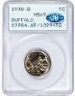 1938-D Buffalo Nickel 5c PCGS MS65 + CAC Rattler 109 prefix