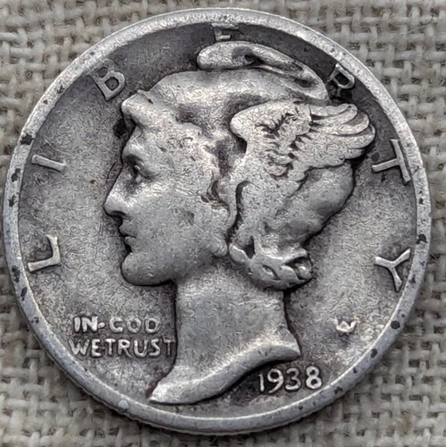 1938 D Mercury Dime Fine : Low Mintage 5.5M, Denver Mint - .9 Fine Silver Coin