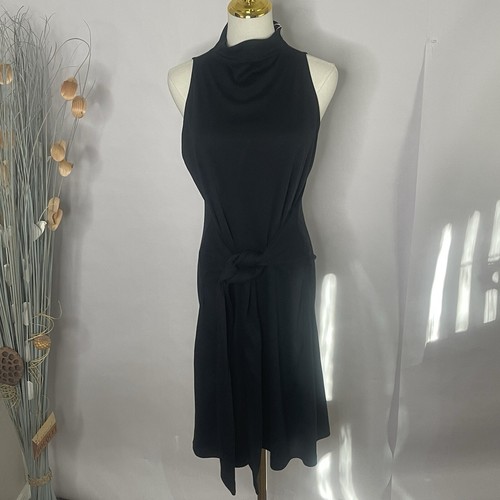 Vestido VINCE Mujer Cuello Simulado Pima Algodón Corbata Cintura Negro Talla L Cápsula Clásica - Imagen 2 de 12
