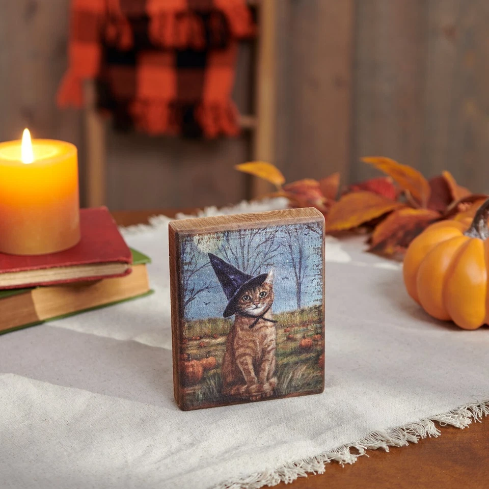Letrero de bloque de madera de otoño rústico de Halloween Primitives de Kathy Tabby Cat as a Witch Foto 2 de 3