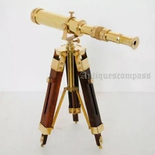 Nautical Brass Telescope With Wooden Tripod Stand Collectible Antique Desk Decor